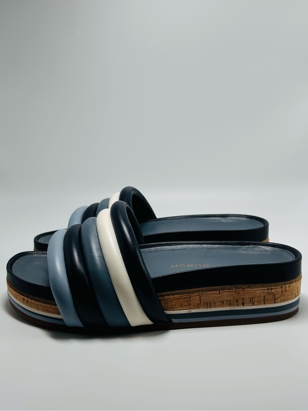 Tory Burch quilted platform slide sandals, colorblock navy, white, & blue. 8.5 - Picture 3 of 9